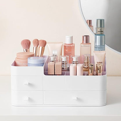 HBlife Makeup Organizer & Skincare Storage - Large Cosmetic Organizer with 3 Drawers, 8 Compartments Vanity Storage Box for Bathroom Counter, White