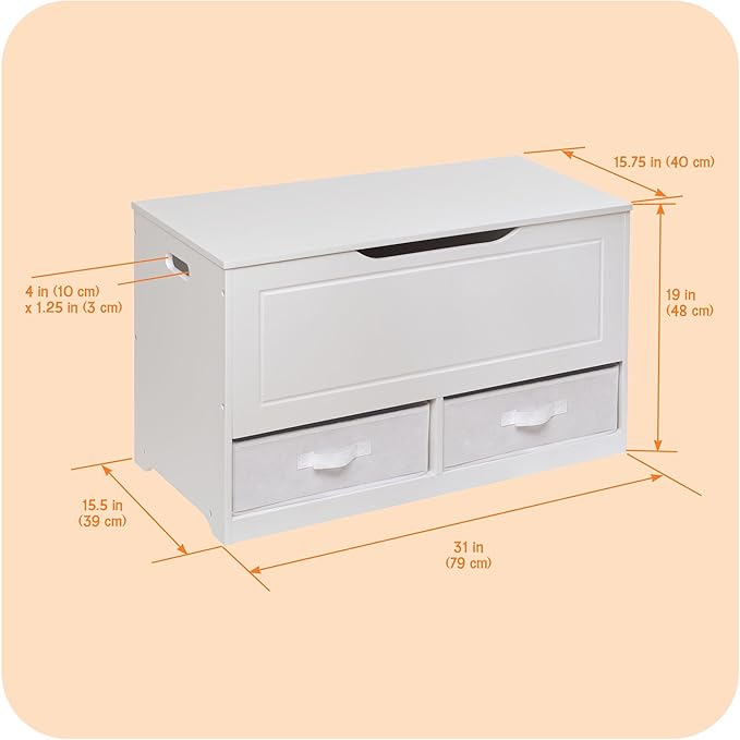 Badger Basket Toy Box and Storage Bench - Chest and Seat Combo with 2 Reversible Baskets, Safety Hinge Lid - Kids Toy Organizer for Playroom or Bedroom - White
