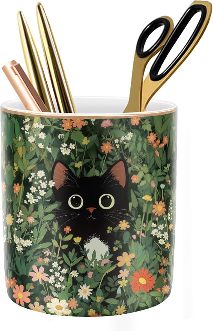 WAVEYU Pen Holder, Pencil Cup for Desk, Cute Makeup Brush Holder, Durable Ceramic Organizer Decor for Room, Office, Classroom, Cute Cat Pattern