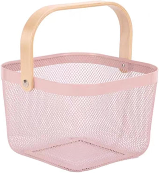 Metal Mesh Wire Basket, Small Steel Basket with Wooden Handle Storage Organizer Basket Multi-functional Hanging Kitchen Baskets Fruit Baskets for Kitchen Bathroom Cabinet Pantry Snacks, Pink