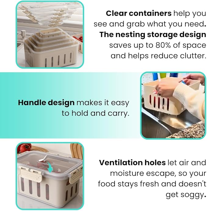 DAZZLEREE Fruit Containers for Fridge Keep Fresh, 5-Pack Produce Containers for Fridge with Lids, Meal Prep Containers, Food Organizer with Removable Colander, Microwave & Dishwasher Safe (Cream)