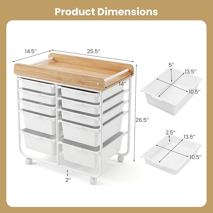 GOFLAME 10-Drawer Rolling Storage Cart, Craft Storage Cart with Wooden Tabletop, Lockable Wheels and Handles, Art Cart Supply Storage Organizer with Metal Frame for Home Office Classroom, White
