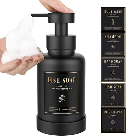 Luxspire Foaming Soap Dispenser, Glass Foam Pump Soap Dispenser, Non-Slip Hand Soap Dispenser with 5 Waterproof Labels, 15 Oz Refillable Liquid Soap Dispenser for Bathroom & Kitchen, Black, 1 Pack