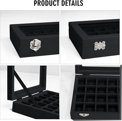 Velvet Jewelry Box 24 Grid Jewelry Ring Display Organiser Box Tray Holder Earrings Storage Case for Girls Wife Mom Women (Black)