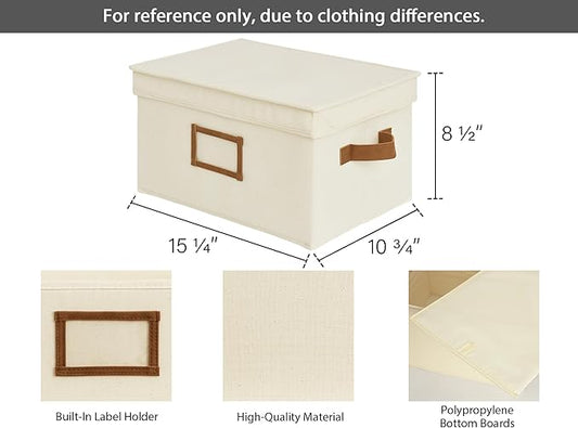 StorageWorks Large Storage Bins with Lids, Decorative Storage Boxes with Lid and PU Handles, Foldable Storage Baskets for Closet, Shelves, Stackable, Ivory, 3-Pack