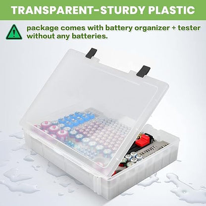 Battery Organizer Storage Holder- Batteries Case Containers Box with Tester Checker BT-168. Garage Organization Holds 225 Batteries AA AAA C D Cell 9V 3V Lithium LR44 CR2 CR1632 CR2032 (Blue)