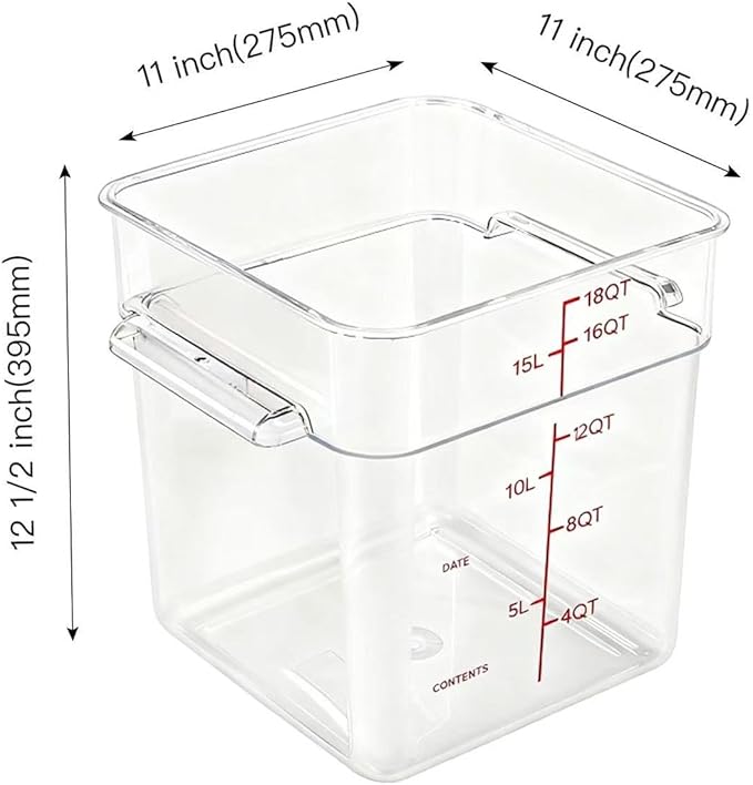 TSUBOR 4 Pack Food Storage Containers with Red Lids, 18.0 Qt - Square, Clear, Polycarbonate, for Restaurant Commercial Kitchen and Home party