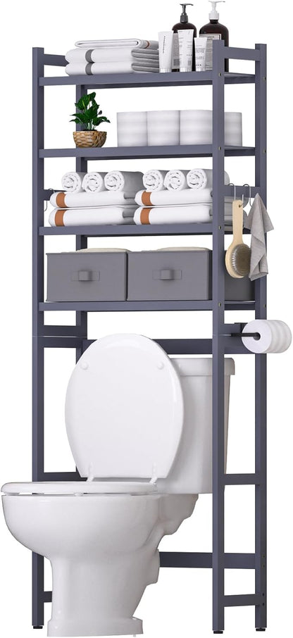 Cozivolife Over The Toilet Storage with 2 Baskets, 4-Tier Bamboo Organizer Rack with Paper Holder & 4 Hooks & Waterproof Feet Pad,Freestanding Shelf for Bathroom(Grey)