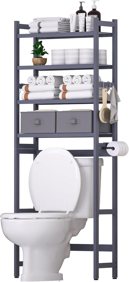 Cozivolife Over The Toilet Storage with 2 Baskets, 4-Tier Bamboo Organizer Rack with Paper Holder & 4 Hooks & Waterproof Feet Pad,Freestanding Shelf for Bathroom(Grey)