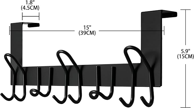 SKOLOO Over The Door Hooks - for Doors up to 1-3/4'' Thickness, Metal Door Hanger with 11 Hooks, Over The Door Hanger for Coats, Hats,Towels, Black