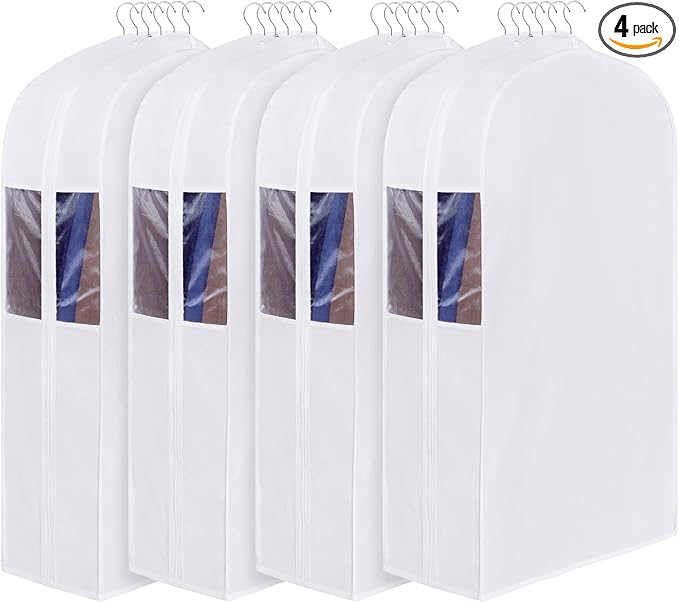 Univivi Premium Cotton Garment Bags for Hanging Clothes and Storage, 40 Inch Washable Suit Cover Bag with Extra Large 10" Gusset & Clear Window - Perfect for Suits, Coats, Jackets - 4 Pack