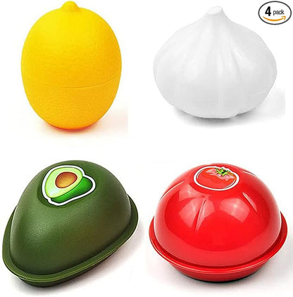 Tiydiygo 4PCS Fresh Food Savers Avocado Lemon Tomatoes Garlic Shape Crisper Containers,Vegetable Fruits Storage Keeper Sealing Box Bowls for Refrigerators