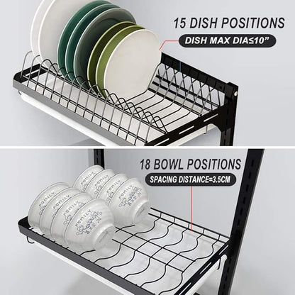 junyuan Hanging Dish Drying Rack Wall Mount,Dish Racks Drainer,3 Tier Kitchen Plate Organizer Storage Shelf with Drain Tray with 3 Hooks,Stainless Steel Black Large Ajustable Height