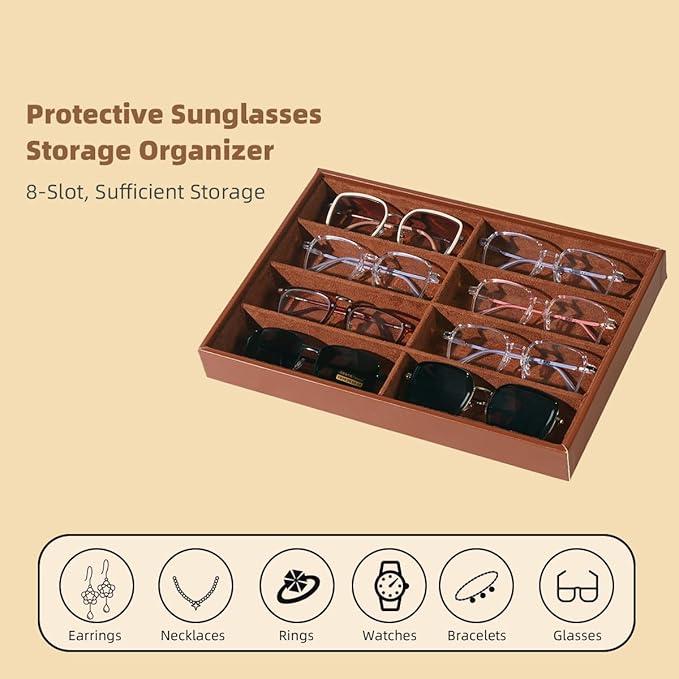 XHMQYC Glasses Holder Box Drawer Sunglass Organizer for Men Clear Wide Storage Case 8 Slots Multiple Reading Glasses Display, Brown Leather