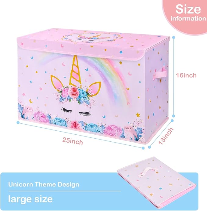 WERNNSAI Unicorn Toy Box - Collapsible Oxford Storage Bin with Handles 25" x 13" x 16" Toys Clothes Books Chest Organizer Cube with Flip-top Lid for Girls Kids Bedroom Nursery Living Room