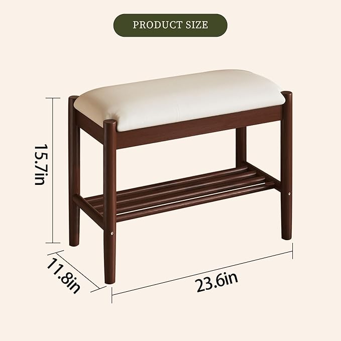 Solid Wood Shoe Bench with Cushion, 2-Tier Shoe Rack for Front Door Entrance, Enterway Benches with Shoe Storage (Walnut, 23.6in)