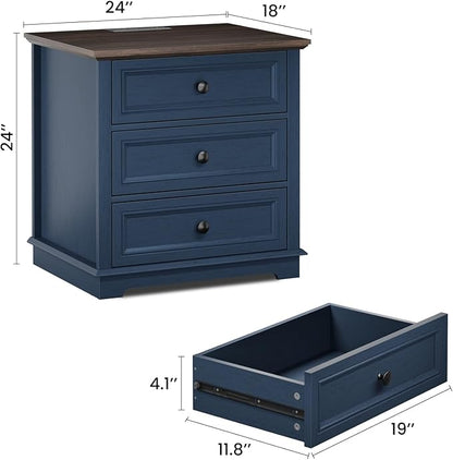 Nightstand with Charging Station, 24” Wide End Table with 3 Drawers, Modern Bedside Table with Storage, Wood Small Dresser for Bedroom Room (Blue)