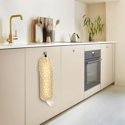1 PC Plastic Bag Holder Wall Mount Grocery Bag Holder Shopping Bag Trash Bag Storage Organizer Dispenser for Kitchen Closet 22 x 9 Inch White Dots Yellow