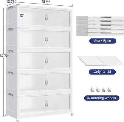 800QT Extra Large Stackable Storage Bins with Lid, 200Gal Plastic Closet Organizers and Storage Drawer, Collapsible Cabinet Box with Wheels Clear Doors for Home Kitchen Office, 5Pack White