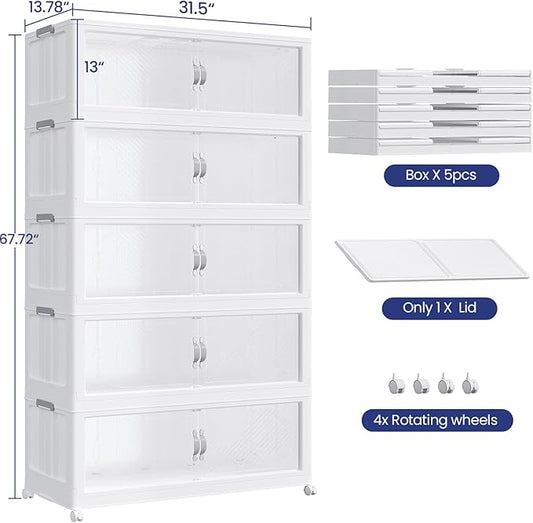 800QT Extra Large Stackable Storage Bins with Lid, 200Gal Plastic Closet Organizers and Storage Drawer, Collapsible Cabinet Box with Wheels Clear Doors for Home Kitchen Office, 5Pack White