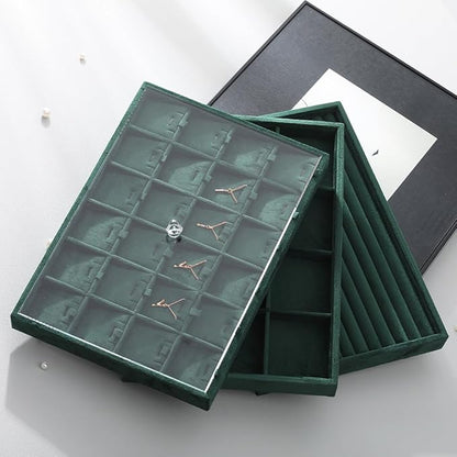 Velvet Stackable Jewelry Display Tray, 12 Grid Watch Bangle Bracelet Storage Tray, Makeup Drawer Insert Jewelry Shop Organizer Plate (Green)