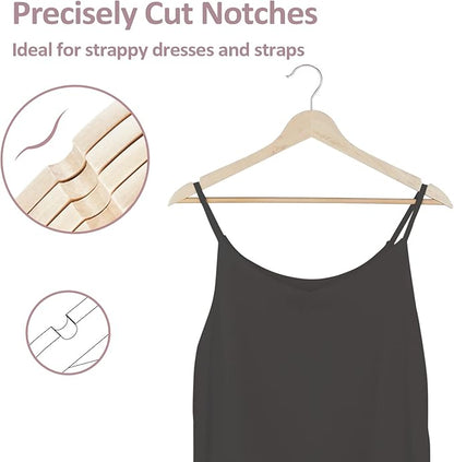 ROSOS Solid Wood Hangers - 30 Pack with 360 Swivel Chrome Hook, Smooth Finish & Precisely Cut Notches, Slim Wooden Coat Hangers for Closet, Natural