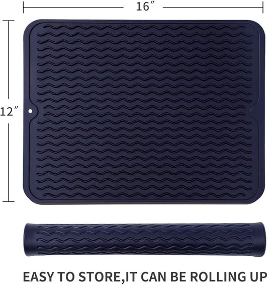 Silicone Dish Drying Mat for Multiple Usage,Easy clean,Eco-friendly,Heat-resistant Silicone Mat for Kitchen Counter or Sink,Refrigerator or drawer liner Navy Blue L 16 inches x 12 inches