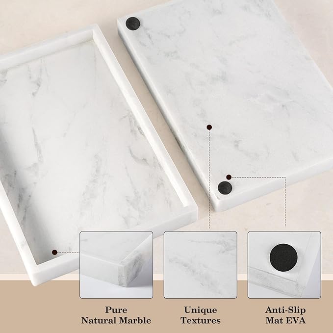Erongoo Real Natural Marble Tray, 11.7" x 7.8" Decorative Vanity Tray for Bathroom Countertop, Kitchen Counter, or Catchall, White Coffee Table Tray for Jewelry, Perfume, Candles, Office, Home Decor