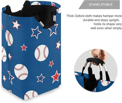 Laundry Hamper Basket Blue Baseball Stars Storage Basket Collapsible Clothes Hamper with Handle Decorative Organizer Bins Basket for Dirty Clothes Living Room Bathroom