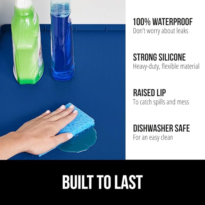 GORILLA GRIP Waterproof Silicone Under Sink Mat with Raised Lip for Kitchen and Bathroom, 28 x 22 in, Cabinet Shelf Liner Stay in Place Mats Dishwasher Safe Drawer Liner, Organizer Tray, Blue