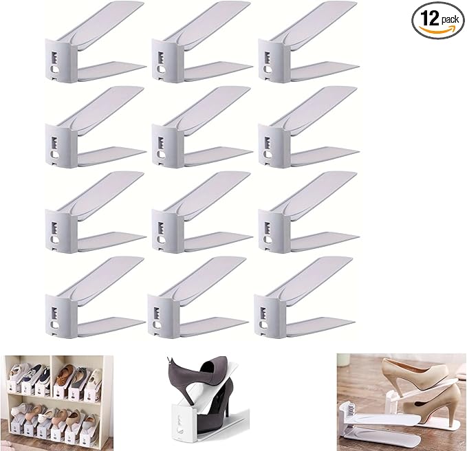 Pack of 12 Slot Organiser Storage - Adjustable 3-Level Height Shoe Organiser With Non-Slip Space Saver Holder for All Styles - Rack Suitable for Women and Men (Grey)