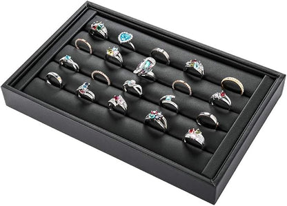 Valyria Velvet 5 Slots Ring Earrings Trays Showcase Display Jewelry Organizer (Black Flat PU Leather)