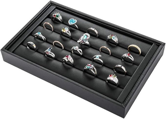 Valyria Velvet 5 Slots Ring Earrings Trays Showcase Display Jewelry Organizer (Black Flat PU Leather)