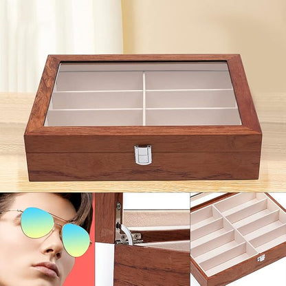 DouSeiAi Wooden Sunglasses Organizer, 8 Grids Sunglasses Storage Box, Sunglasses Display Case with Lock Eyewear Showcase Organizer Mahogany