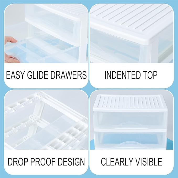 BYCY Plastic Stackable Storage 4 Drawers, White Bathroom Makeup Organizer with Wide Clear Drawers Tabletop Drawer Organizer for Desk,Easily Assemble for Fridge,Bathroom,Cabinet