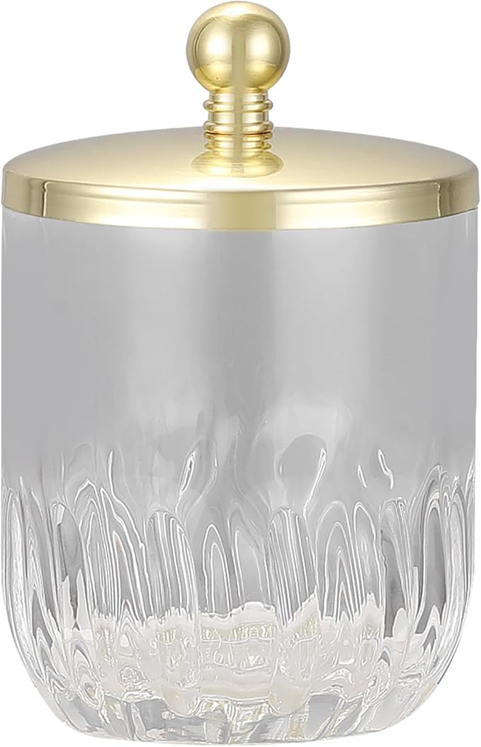 Indecor Home Clear Transparent Apothecary Vertical Wavy Glass Jar With Gold Metal Lid Cover for Bathroom Organization, Cotton Balls, Q Tips, and Small Accessories, Bathroom Storage