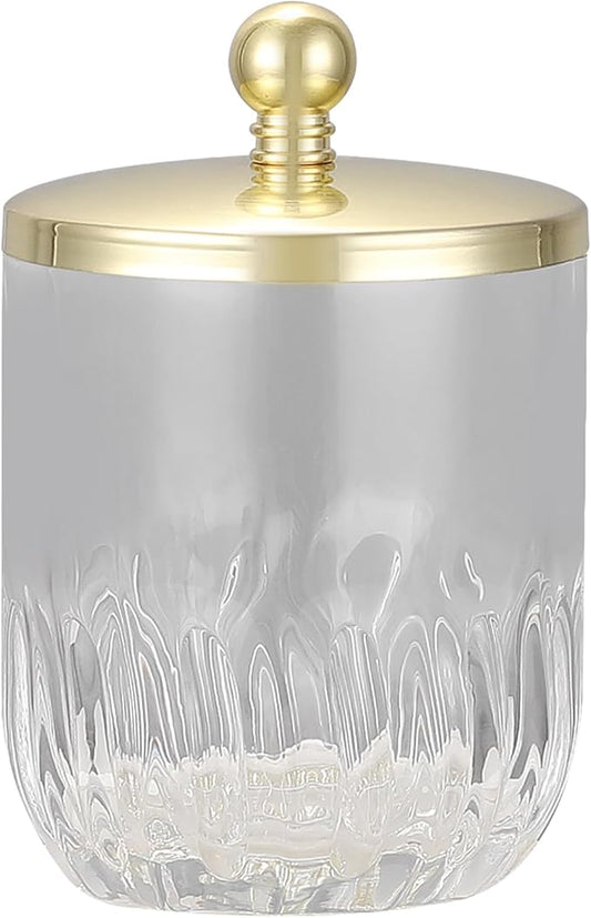 Indecor Home Clear Transparent Apothecary Vertical Wavy Glass Jar With Gold Metal Lid Cover for Bathroom Organization, Cotton Balls, Q Tips, and Small Accessories, Bathroom Storage