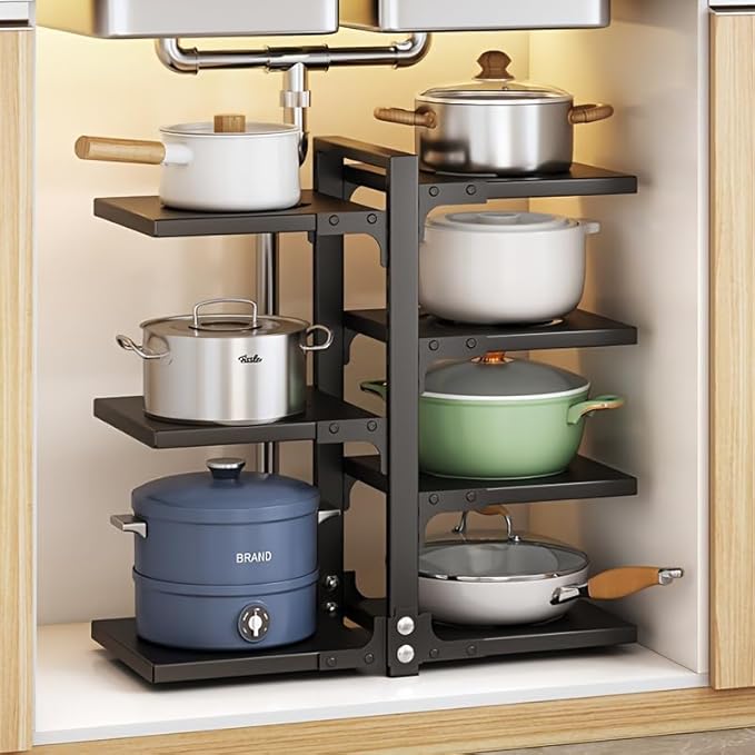 Mnftive adjustable Pot and Pan Organizer for Cabinets - kitchen cabinet No Drill Storage Rack, Fits 24 Inch Deep Shelves, Space Saving Under Shelf Design (each layer Max Load 15lbs)