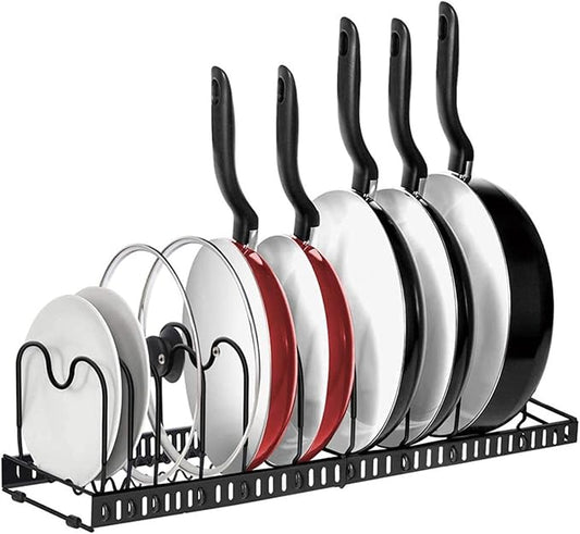 MAKIOTEKO Pots and Pans Organizer Under Cabinet, 10 Compartments Expandable Pot Lid Organizer Holder Rack for under Cabinet for Pots Cutting Board Cookware