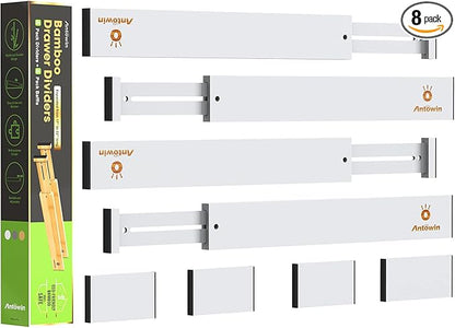 ANTOWIN Bamboo Drawer Dividers Organizers, Expandable Drawer Separators Splitter,17-22 inches Long Adjustable Spring-loaded Organizer for Large Utensil, Clothes, Tools Drawers (White)