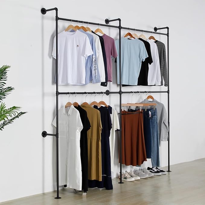 Industrial Pipe Clothing Rack Heavy Duty Double Closet Rod Clothes Rack, Clothing Rods for Hanging Clothes, Wall Mounted Clothes Garment Rack Closet System 90in Black