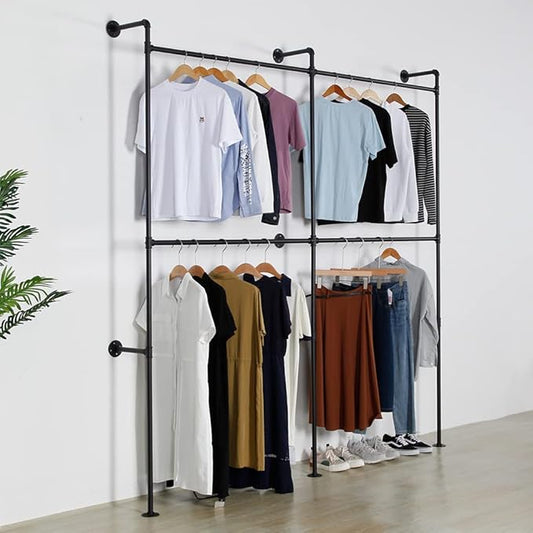 Industrial Pipe Clothing Rack Heavy Duty Double Closet Rod Clothes Rack, Clothing Rods for Hanging Clothes, Wall Mounted Clothes Garment Rack Closet System 90in Black