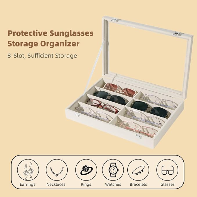 XHMQYC Glasses Holder Box Drawer Sunglass Organizer for Men Clear Wide Storage Case 8 Slots Multiple Reading Glasses Display, Beige Velvet With Clear Glass Lid