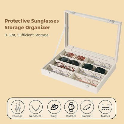 XHMQYC Glasses Holder Box Drawer Sunglass Organizer for Men Clear Wide Storage Case 8 Slots Multiple Reading Glasses Display, Beige Velvet With Clear Glass Lid