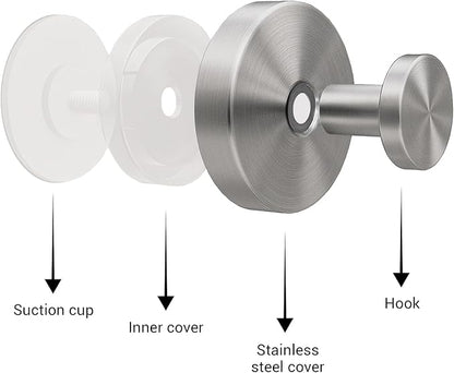 Welsa Suction Cup Hooks for Shower - 4 Pack, Matte Chrome - Stainless Steel, Strong Suction, No Drill, Removable Hanger, Tile Bathroom Kitchen Wall, Glass Door, Mirror Hook Hanging Robe, Towel Holder