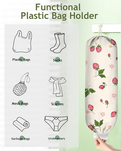 Plastic Bag Holder Organizer - 1 Pack Reusable Canvas Grocery Bags Holder Hanging Wall Cute Aesthetic Shopping Bag Storage Dispenser with Drawstring Closure for Kitchen Home, Strawberry