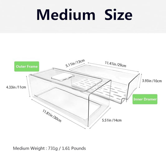 Femoliyes Refrigerator Organizers and Storage Drawer, Stackable Fruit Storage Containers for Fridge, Reusable Fridge Organizer fit for Kitchen Refrigerator and Restaurant Freezer (2 Drawers, Medium)