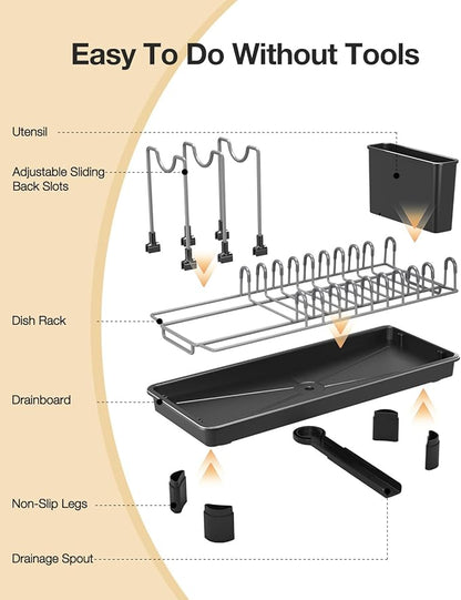 Nfnoyp Small Dish Drying Rack, Carbon Steel Dish Rack Rustproof for Kitchen Counter, Compact Space-Saving Dish Drainer with Adjustable Slots for Small Kitchens & Apartments, 16.5×6.5×7inch, Black