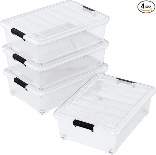 Zerdyne 25 L Clear Under Bed Storage Bins with Lids, 4-Pack Under Bed Plastic Latch Storage Box with Wheels