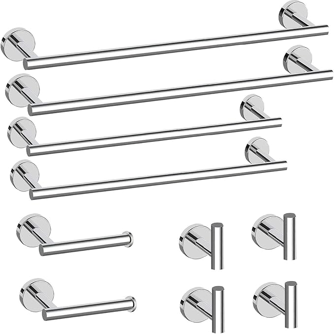 Newfun 10Pcs Polished Chrome Bathroom Hardware Set - Includes 24&18inch Towel Bar, Robe Hook, Toilet Paper Holder, 2 Pack 5 Piece Bathroom Accessories Set Stainless Steel Wall Mounted